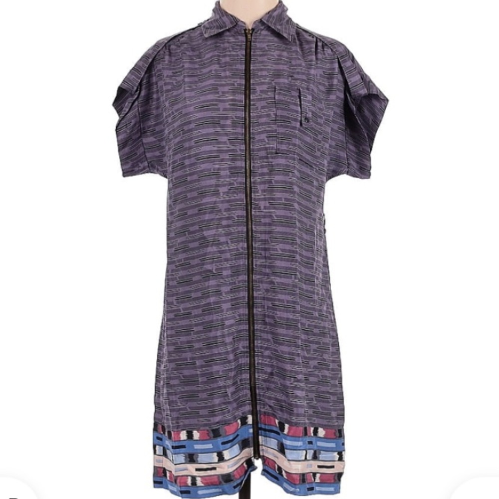 Charlotte Ronson Purple & Black Design Dress 100% Silk Short Sleeve Full Zip M